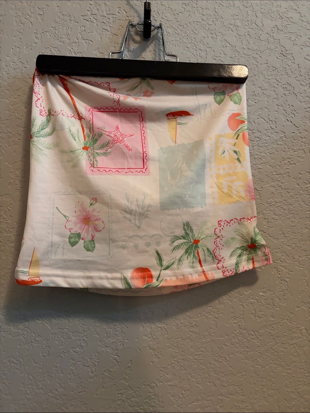 SHEIN White Tropical Print Crop Top with Pink & Green Accents